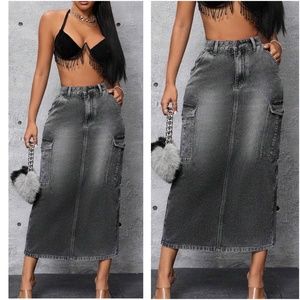Luxe Vintage Wash Black Split Hem Cargo Jean Denim Skirt